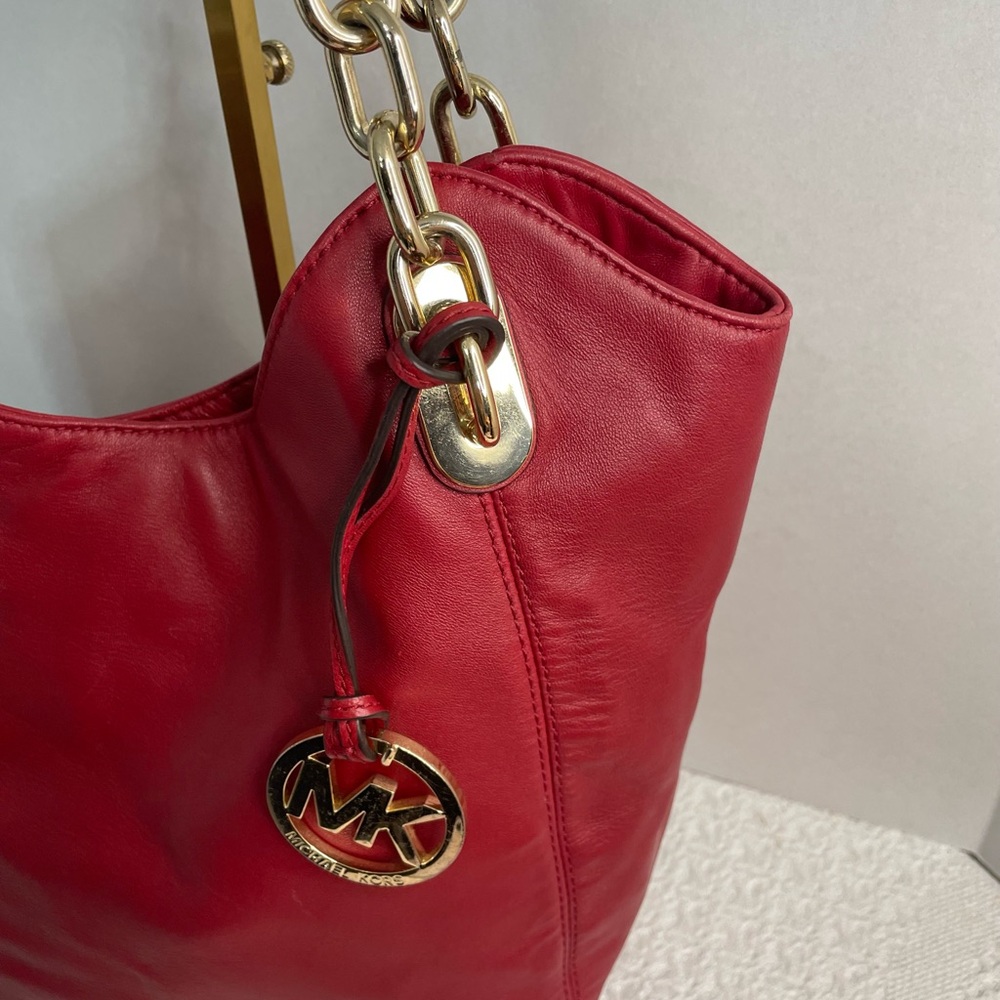 Michael Kors Red Leather Shoulder Hobo with Gold Double Chain Strap - Picture 13 of 15